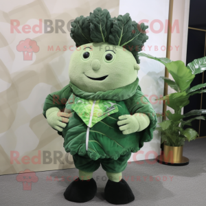 Forest Green Cabbage mascot costume character dressed with a Sweater and Lapel pins