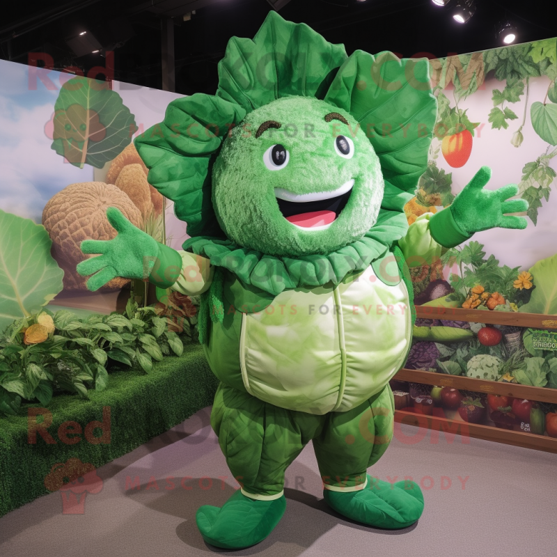 Forest Green Cabbage mascot costume character dressed with a Sweater and Lapel pins