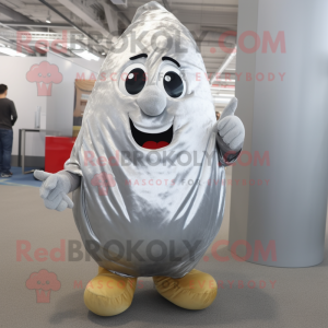 Silver Potato mascot costume character dressed with a Jeans and Shoe laces