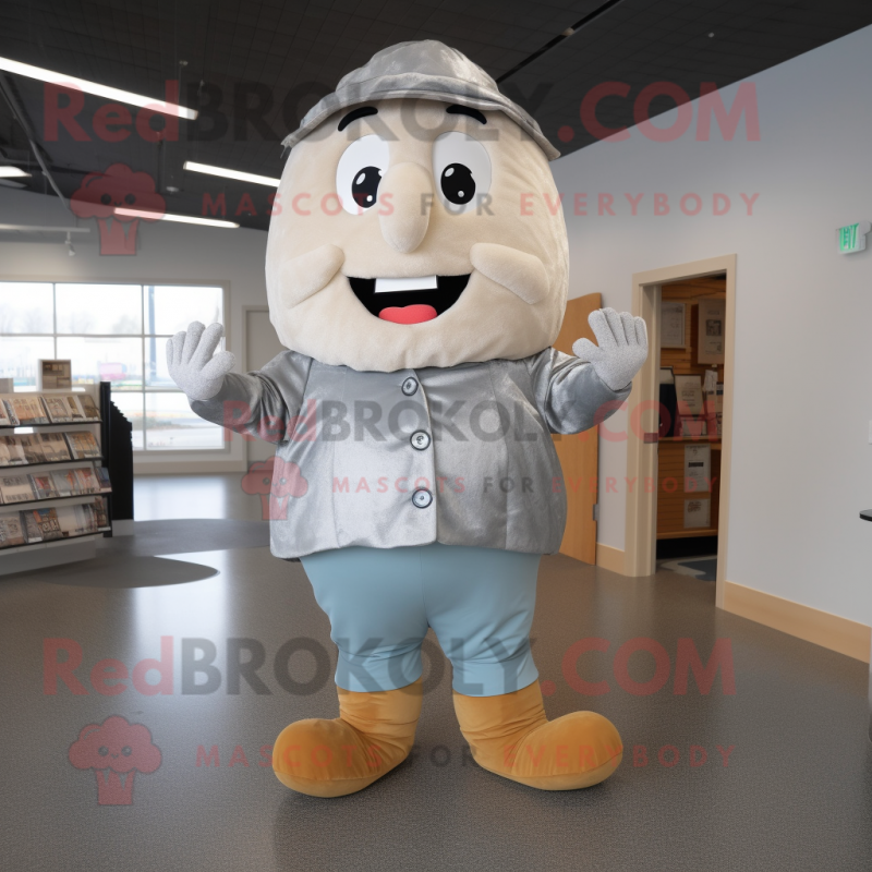 Silver Potato mascot costume character dressed with a Jeans and Shoe laces