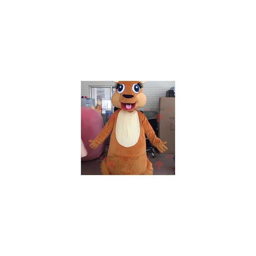 Mascotte de kangourou marron et blanc avec les yeux bleus -