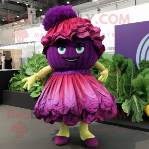 Magenta Cabbage mascot costume character dressed with a Wrap Dress and Hairpins