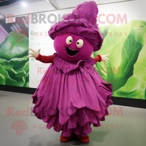 Magenta Cabbage mascot costume character dressed with a Wrap Dress and Hairpins