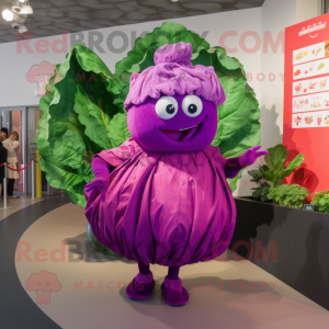 Magenta Cabbage mascot costume character dressed with a Wrap Dress and Hairpins