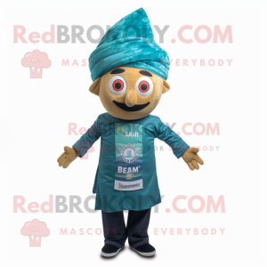 Teal Biryani mascot costume character dressed with a Flare Jeans and Caps