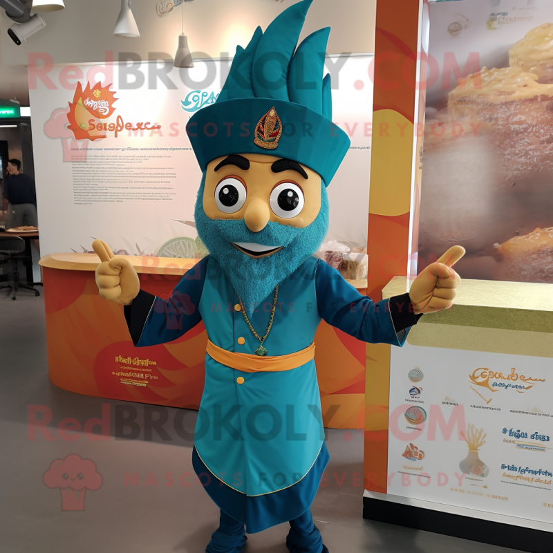 Teal Biryani mascot costume character dressed with a Flare Jeans and Caps Teal Biryani mascot costume character dressed with a Flare Jeans and Caps