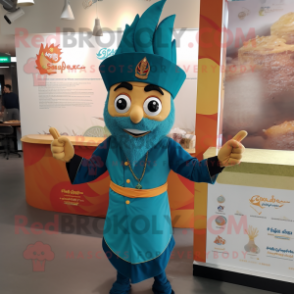 Teal Biryani mascot costume character dressed with a Flare Jeans and Caps