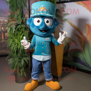 Teal Biryani mascot costume character dressed with a Flare Jeans and Caps