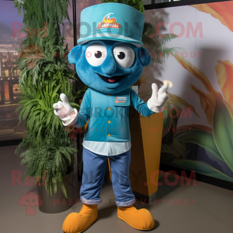 Teal Biryani mascot costume character dressed with a Flare Jeans and Caps Teal Biryani mascot costume character dressed with a Flare Jeans and Caps