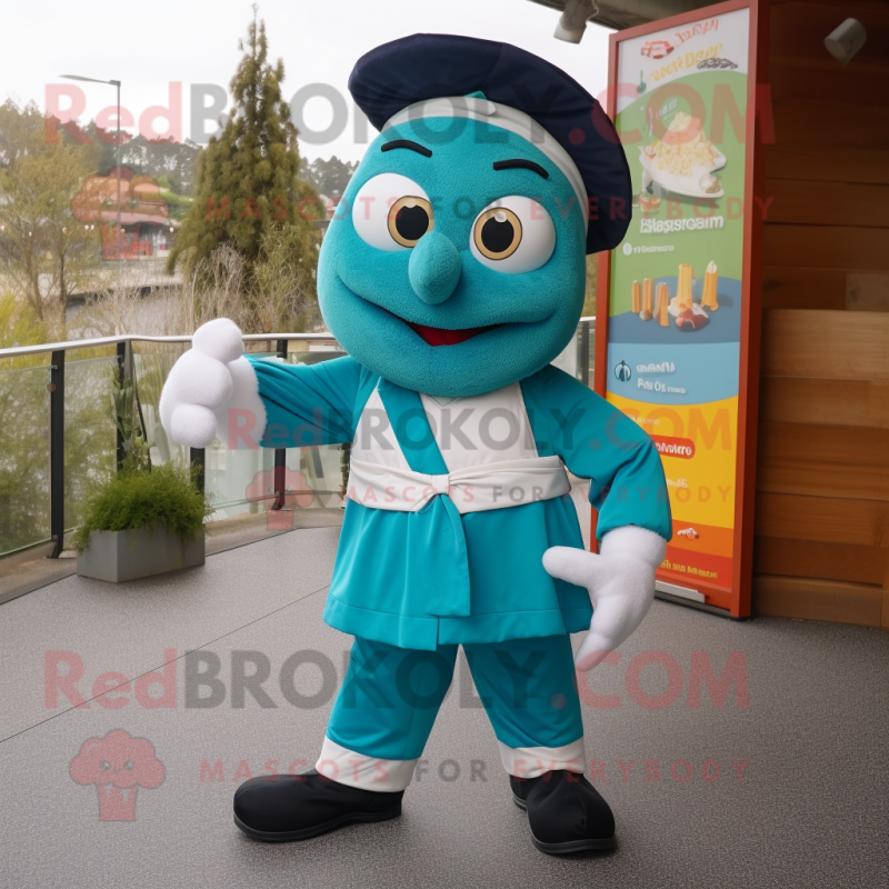 Teal Moussaka mascot costume character dressed with a Capri Pants and Berets Teal Moussaka mascot costume character dressed with a Capri Pants and Berets