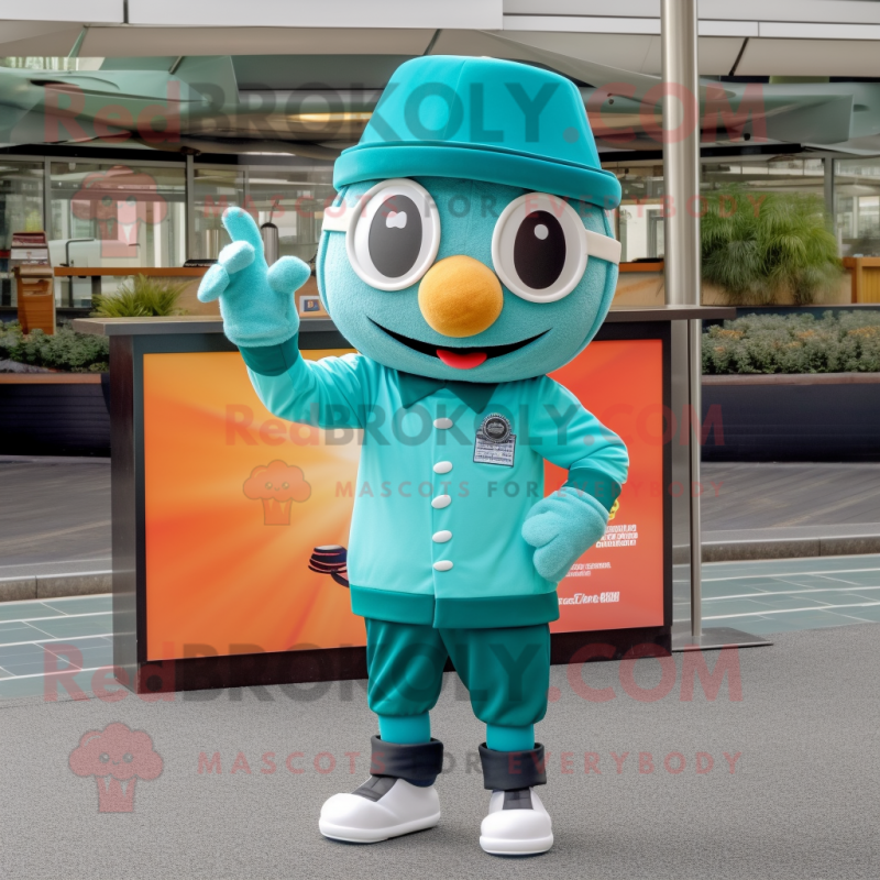 Teal Moussaka mascot costume character dressed with a Capri Pants and Berets