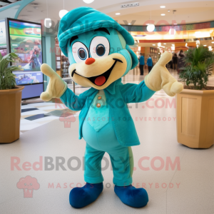 Teal Moussaka mascot costume character dressed with a Capri Pants and Berets