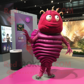 Magenta Trilobite mascot costume character dressed with a Mini Dress and Bracelet watches