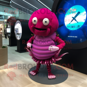 Magenta Trilobite mascot costume character dressed with a Mini Dress and Bracelet watches