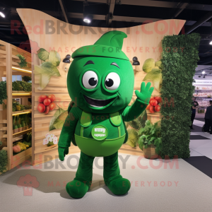 Forest Green Pepper mascot costume character dressed with a Overalls and Rings