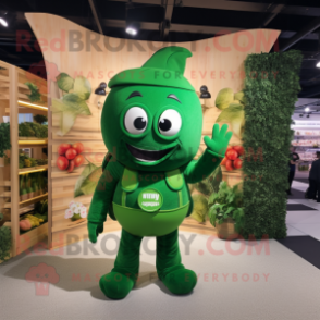 Forest Green Pepper mascot costume character dressed with a Overalls and Rings