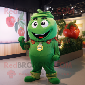 Forest Green Pepper mascot costume character dressed with a Overalls and Rings