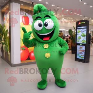 Forest Green Pepper mascot costume character dressed with a Overalls and Rings