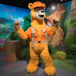 Orange Llama mascot costume character dressed with a Cargo Shorts and Foot pads