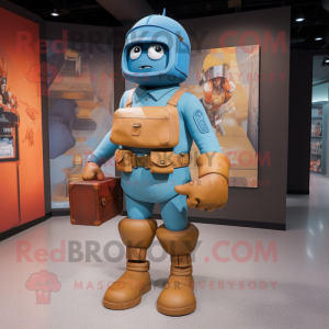 Rust Soldier mascot costume character dressed with a Denim Shorts and Clutch bags