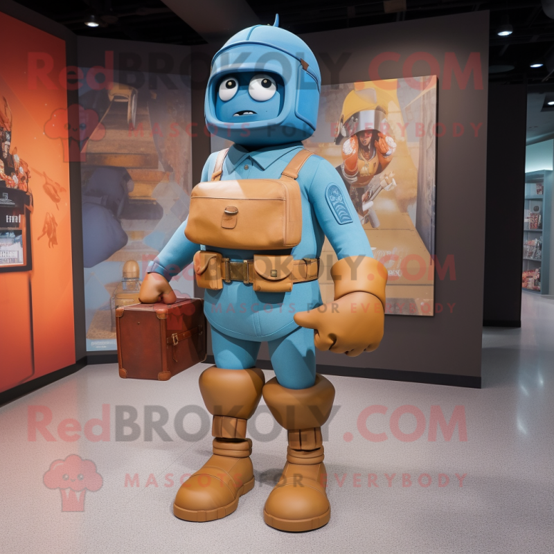 Rust Soldier mascot costume character dressed with a Denim Shorts and Clutch bags Rust Soldier mascot costume character dressed with a Denim Shorts and Clutch bags