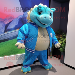 Cyan Glyptodon mascot costume character dressed with a Windbreaker and Earrings