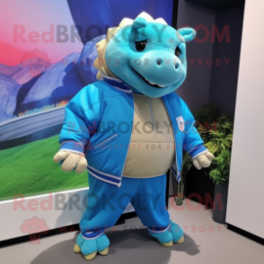 Cyan Glyptodon mascot costume character dressed with a Windbreaker and Earrings