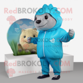 Cyan Glyptodon mascot costume character dressed with a Windbreaker and Earrings