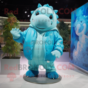 Cyan Glyptodon mascot costume character dressed with a Windbreaker and Earrings