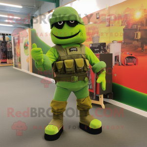 Lime Green Commando mascot costume character dressed with a Skirt and Belts