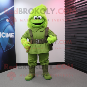 Lime Green Commando mascot costume character dressed with a Skirt and Belts