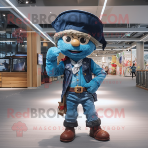 Cyan Pirate mascot costume character dressed with a Denim Shirt and Berets