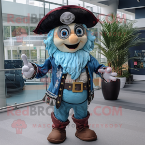 Cyan Pirate mascot costume character dressed with a Denim Shirt and Berets