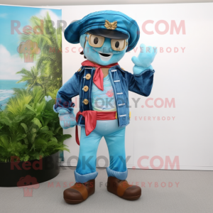 Cyan Pirate mascot costume character dressed with a Denim Shirt and Berets