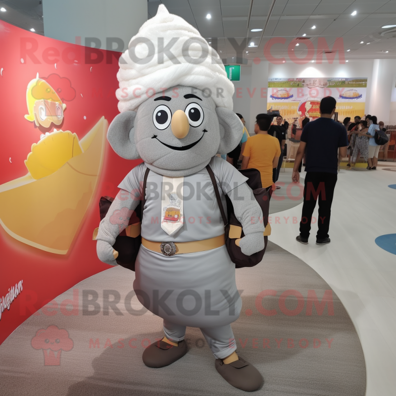 Gray Biryani mascot costume character dressed with a Jeggings and Backpacks Gray Biryani mascot costume character dressed with a Jeggings and Backpacks