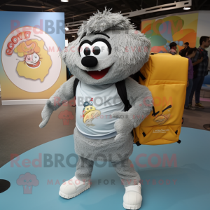 Gray Biryani mascot costume character dressed with a Jeggings and Backpacks