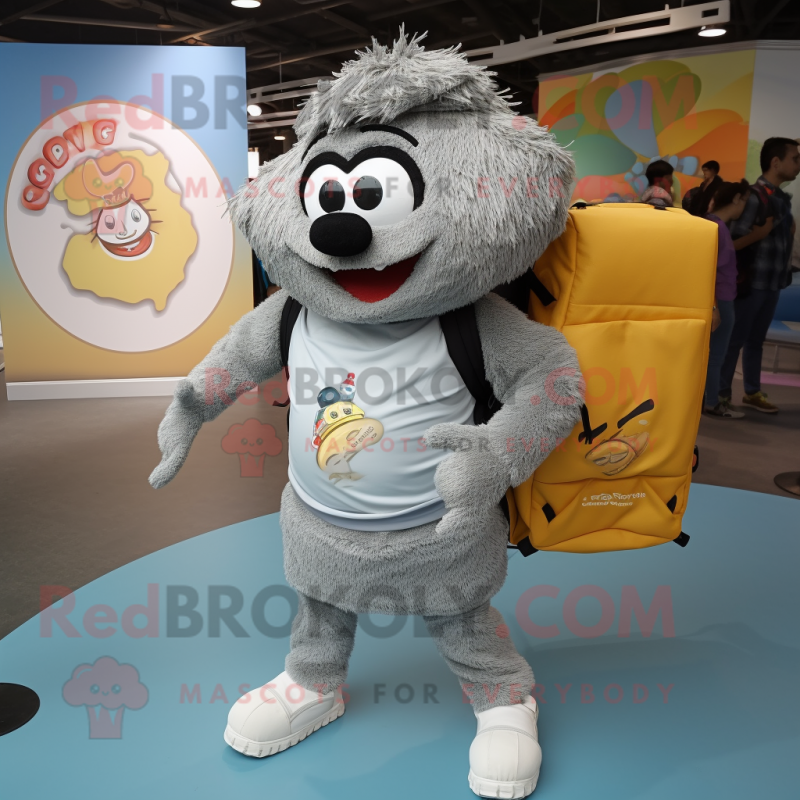 Gray Biryani mascot costume character dressed with a Jeggings and Backpacks Gray Biryani mascot costume character dressed with a Jeggings and Backpacks