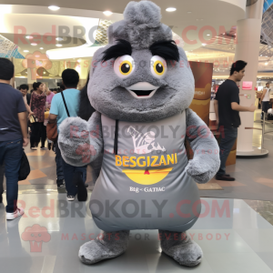 Gray Biryani mascot costume character dressed with a Jeggings and Backpacks