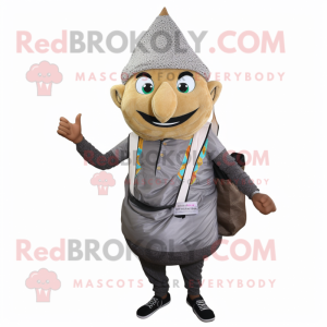 Gray Biryani mascot costume character dressed with a Jeggings and Backpacks