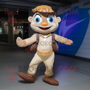 Tan Acrobat mascot costume character dressed with a Jacket and Messenger bags