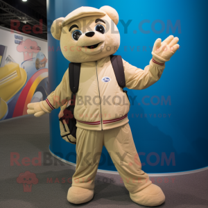 Tan Acrobat mascot costume character dressed with a Jacket and Messenger bags