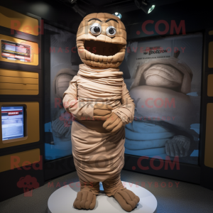 Brown Mummy mascot costume character dressed with a Poplin Shirt and Lapel pins