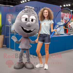 Gray Tennis Racket mascot costume character dressed with a Mom Jeans and Earrings