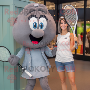 Gray Tennis Racket mascot costume character dressed with a Mom Jeans and Earrings