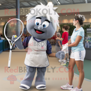 Gray Tennis Racket mascot costume character dressed with a Mom Jeans and Earrings