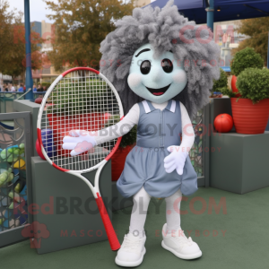 Gray Tennis Racket mascot costume character dressed with a Mom Jeans and Earrings