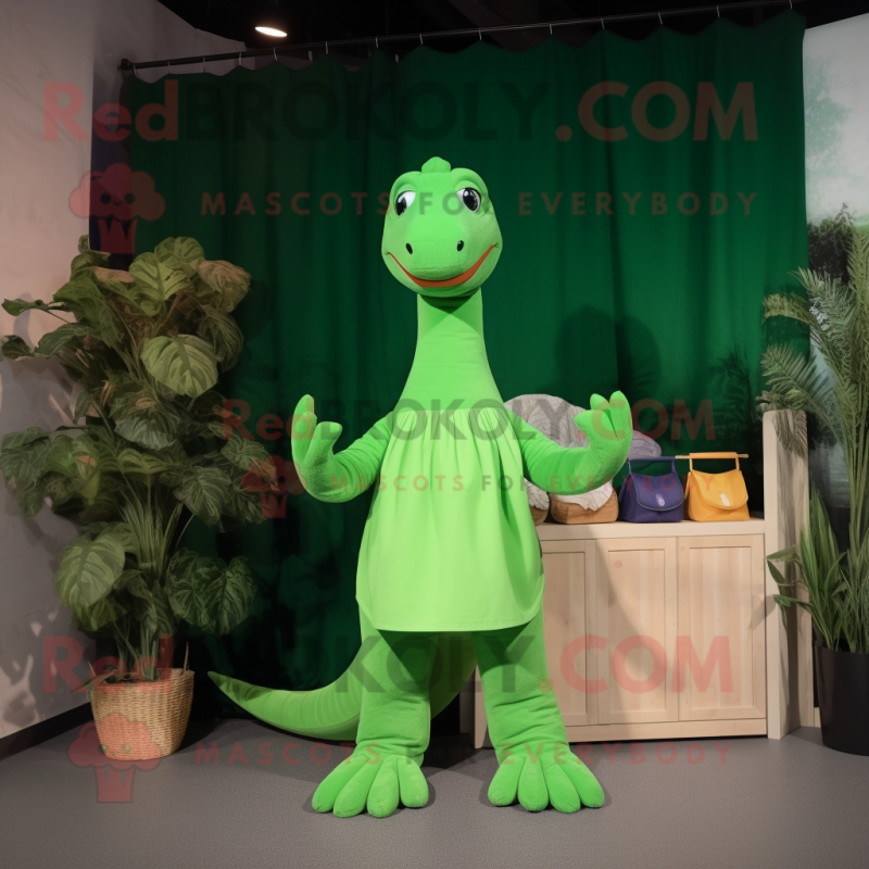 Green Diplodocus mascot costume character dressed with a Midi Dress and Caps Green Diplodocus mascot costume character dressed with a Midi Dress and Caps