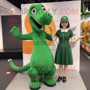 Green Diplodocus mascot costume character dressed with a Midi Dress and Caps