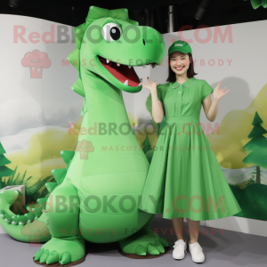 Green Diplodocus mascot costume character dressed with a Midi Dress and Caps