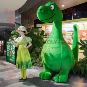 Green Diplodocus mascot costume character dressed with a Midi Dress and Caps